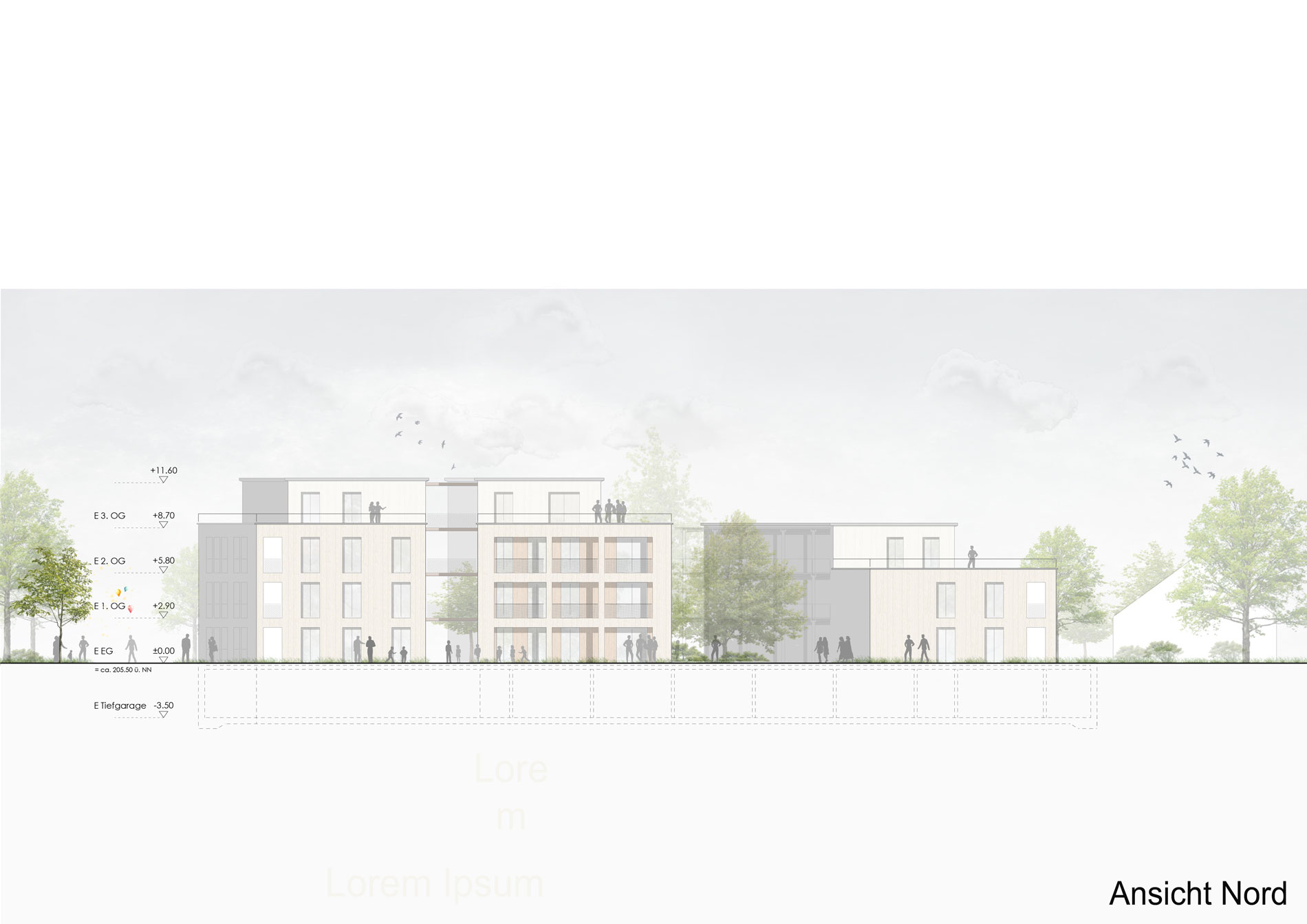 GJL+ Freie Architekten, Parkschleife - naturnahes Wohnen, WB Ortspark Durbach - Ansicht Nord, Plan: GJL+